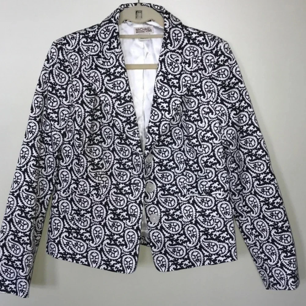 Michael Kors Paisley blazer Jacket black white Size Small Preppy Office